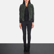 Women's Bliss Verde Suede Bomber in Pelle da Donna - Lateral Side Profile View Showing Sleeve Cut &amp; Athletic Taper Fit