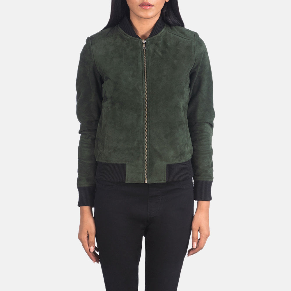 Dettaglio ravvicinato of Varsity - Rib Knit &amp; Zipper with Wind Flap Hardware on Women's Bliss Verde Suede Bomber in Pelle da Donna