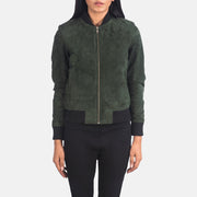 Dettaglio ravvicinato of Varsity - Rib Knit &amp; Zipper with Wind Flap Hardware on Women's Bliss Verde Suede Bomber in Pelle da Donna
