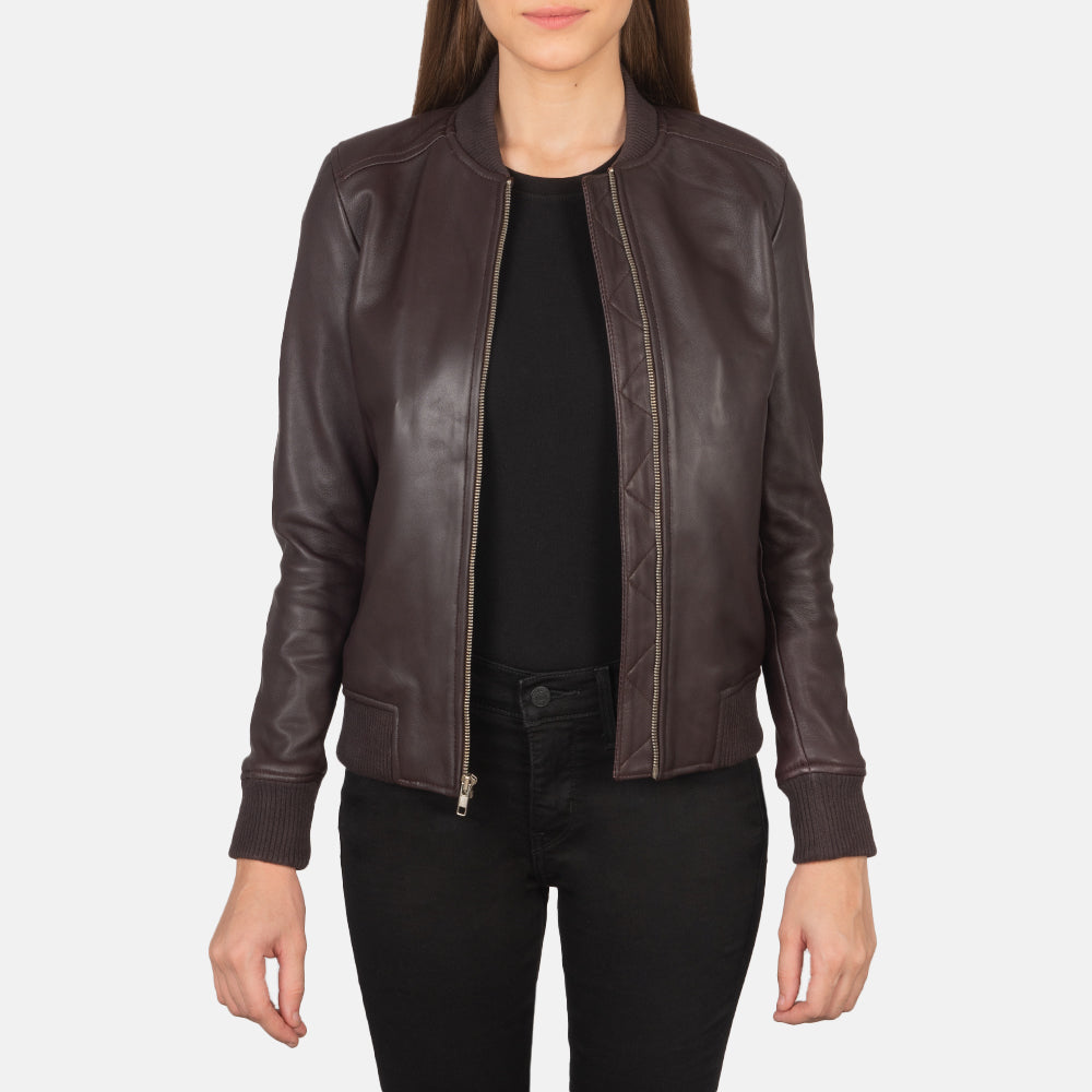 Women's Bliss Bordeaux Bomber in Pelle da Donna in Maroon Sheepskin Leather - Vista frontale e linea su misura | Acquista online