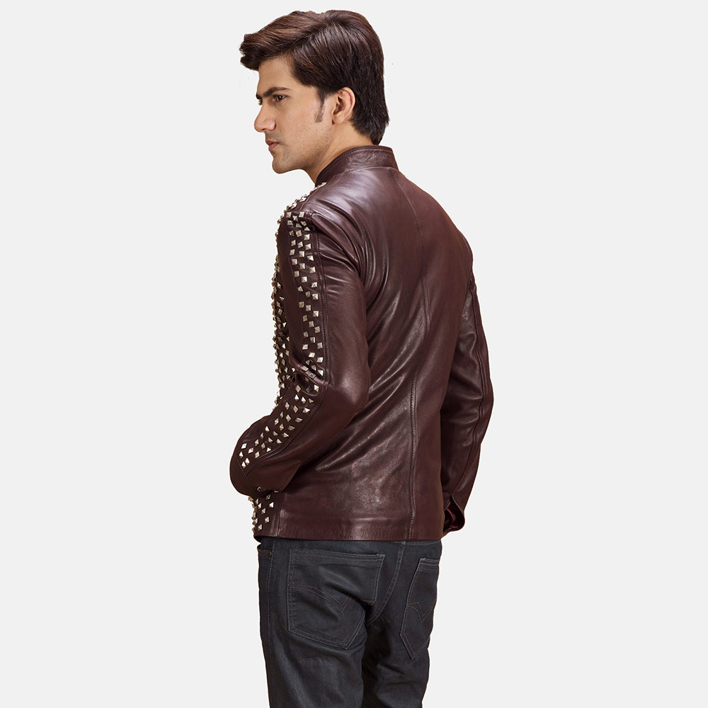 Maroon Sheepskin Leather Biker Jacket - Vista posteriore Showing Tailored Shoulder Fit &amp; Clean Hemline