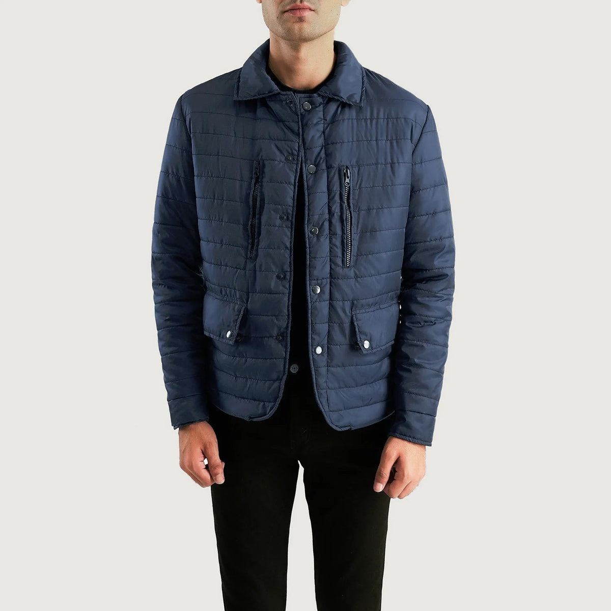Men's Bo Quilt Windbreaker Giacca in Pelle da Uomo in Navy Blue Nylon - Vista frontale e linea su misura | Acquista online