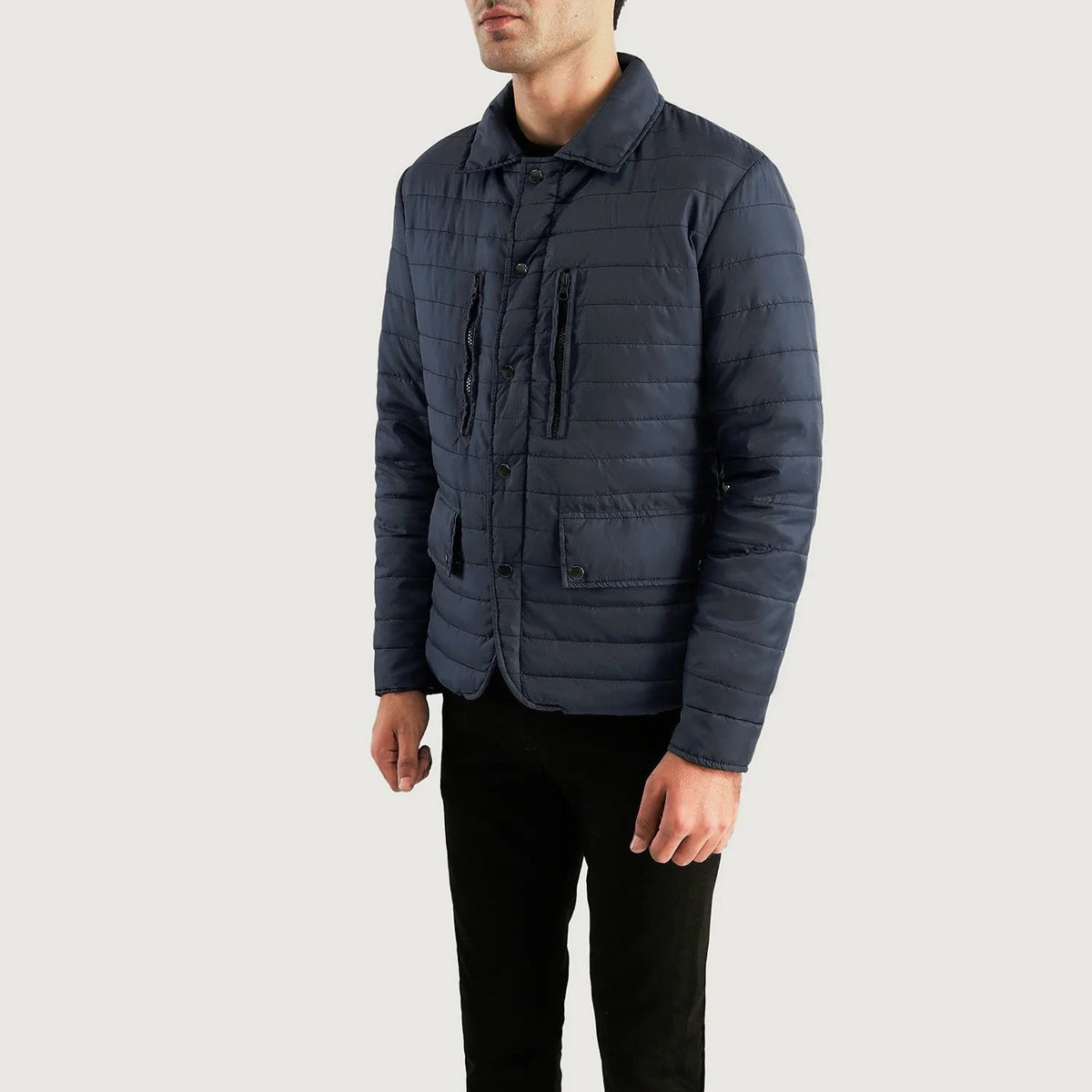 Navy Blue Nylon Winter Jacket - Vista posteriore Showing Tailored Shoulder Fit &amp; Clean Hemline