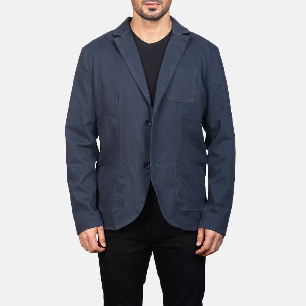 Borges Navy Blu Blazer in Pelle da Uomo in Navy Blue Poly-Cotton - Vista frontale e linea su misura | Acquista online