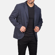 Navy Blue Poly-Cotton Leather Blazer - Vista posteriore Showing Tailored Shoulder Fit &amp; Clean Hemline