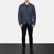Borges Navy Blu Blazer in Pelle da Uomo - Lateral Side Profile View Showing Sleeve Cut &amp; Athletic Taper Fit