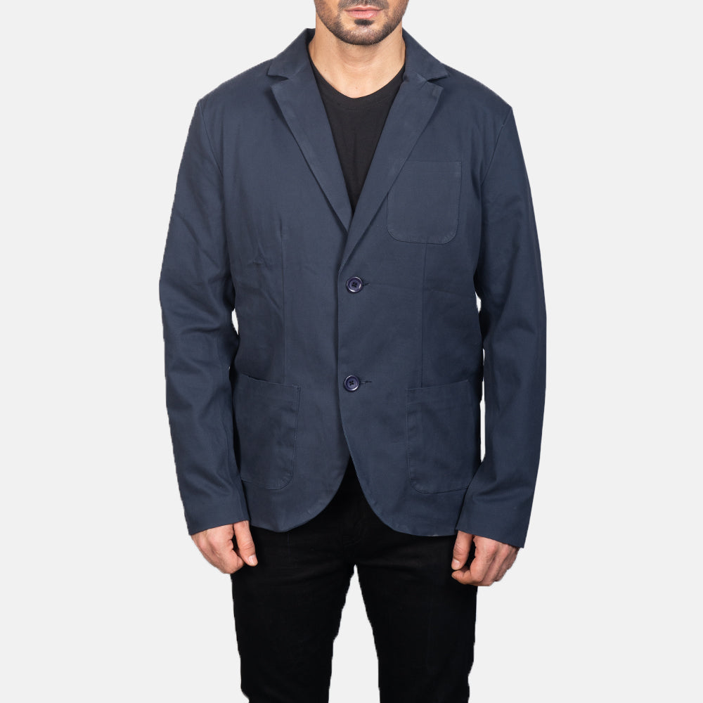 Dettaglio ravvicinato of Notch &amp; Button Hardware on Borges Navy Blu Blazer in Pelle da Uomo