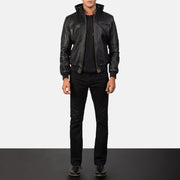 
Dettaglio ravvicinato of Band & Zipper Hardware on Bouncer Biz Black Leather Hooded Bomber Jacket