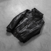 
Rib knit & Hem Craftsmanship Construction Detail on Bouncer Biz Black Leather Hooded Bomber Jacket