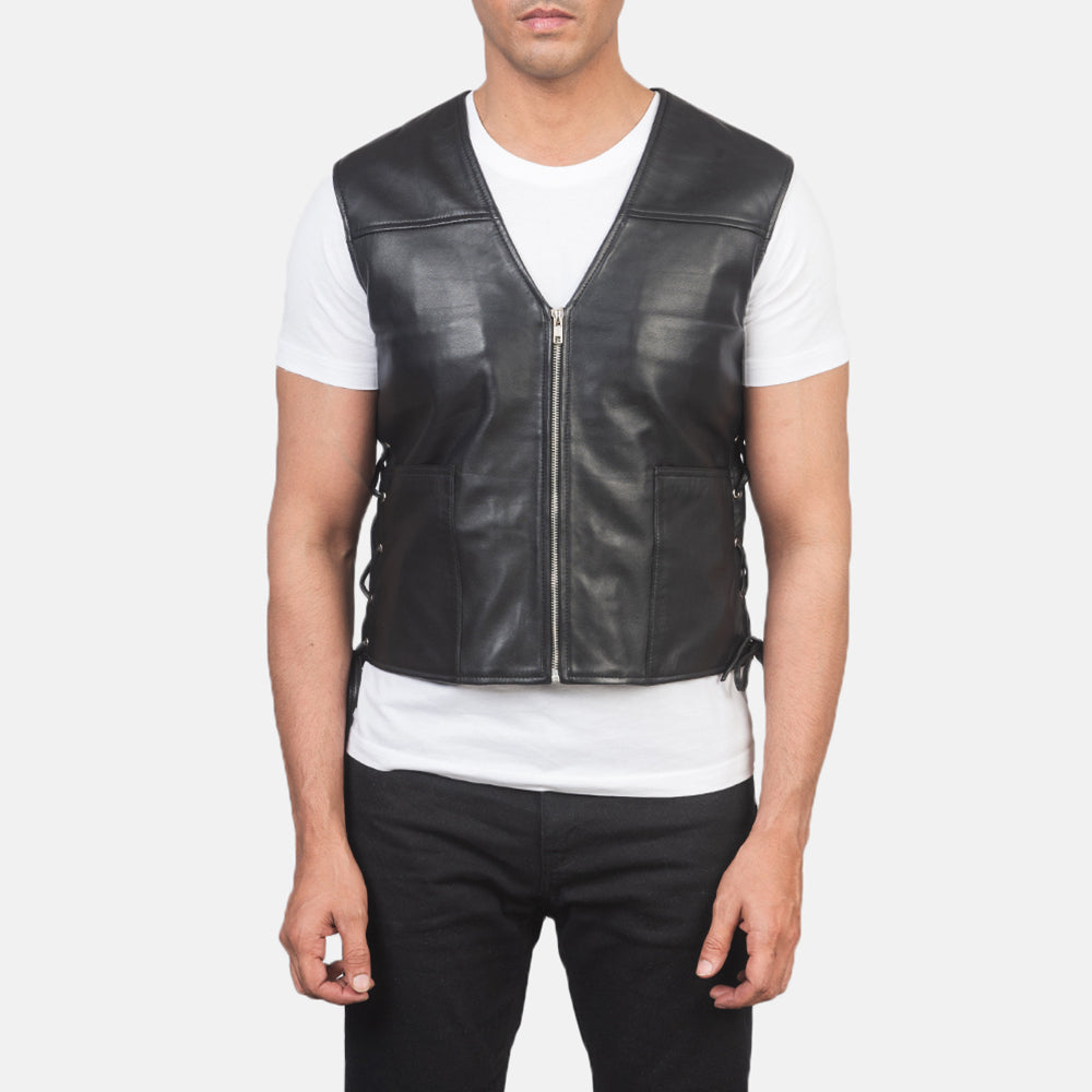 
Dettaglio ravvicinato of Classic Collar & Zipper Hardware on Brandon Nero Gilet in Pelle da Uomo