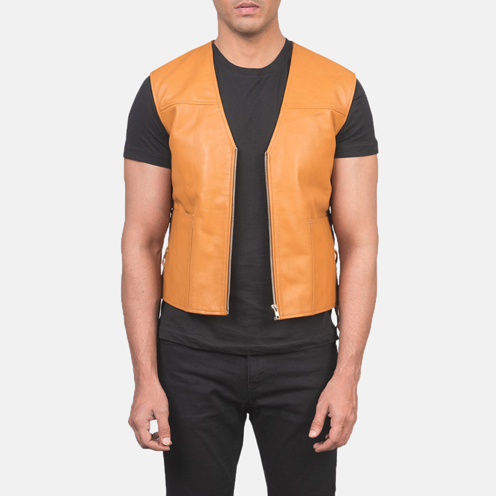 Men's Brandon Cuoio Marrone Gilet in Pelle da Uomo in Tan Brown Sheepskin Leather - Vista frontale e linea su misura | Acquista online