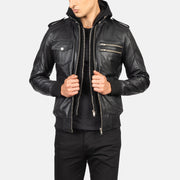 
Bravado Black Hooded Leather Bomber Jacket in Black Sheepskin Leather - Vista frontale e silhouette sartoriale | Acquista online