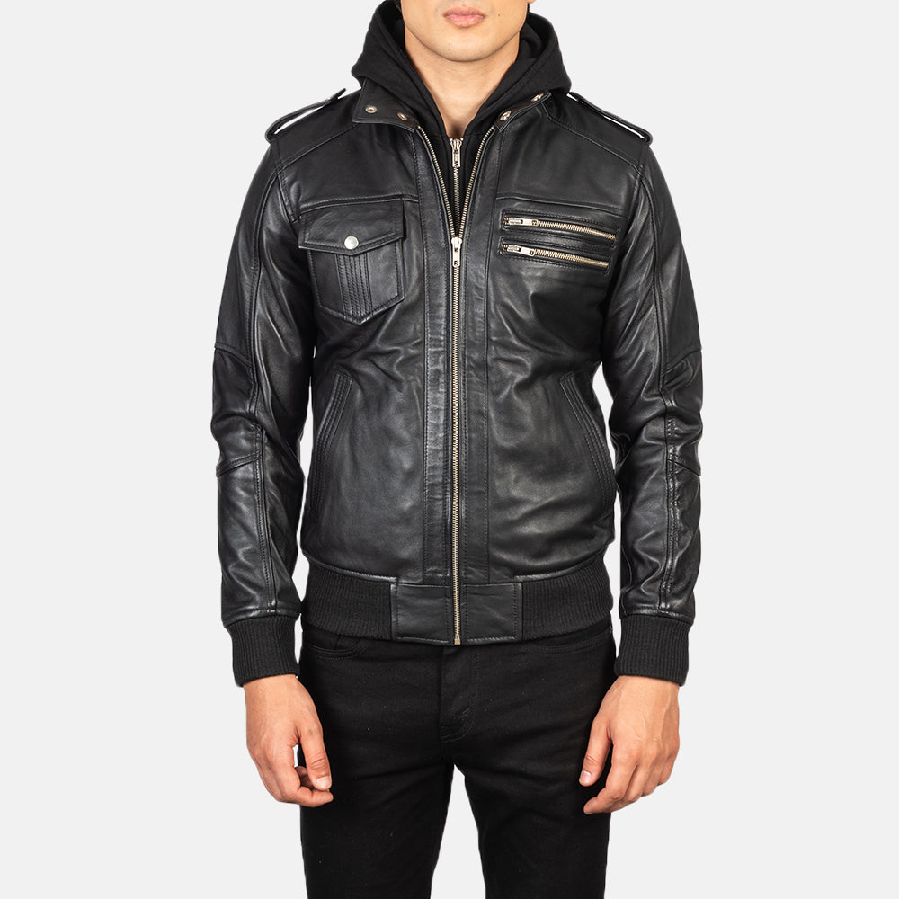 
Dettaglio ravvicinato of High Neck & Zipper Hardware on Bravado Black Hooded Leather Bomber Jacket