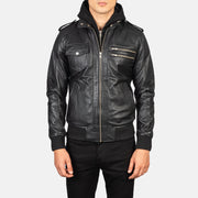 
Dettaglio ravvicinato of High Neck & Zipper Hardware on Bravado Black Hooded Leather Bomber Jacket