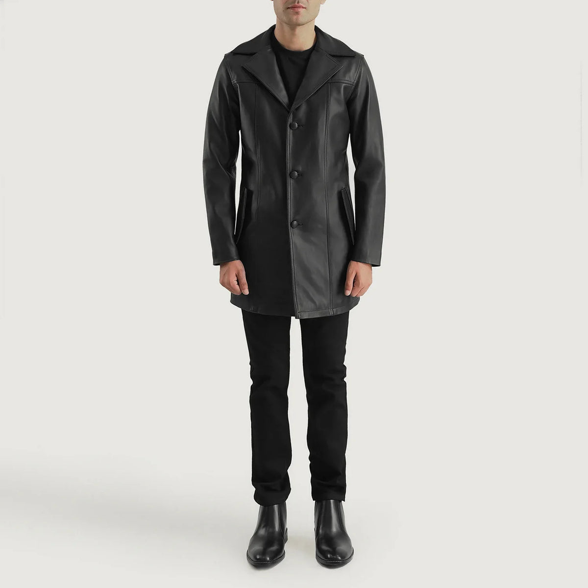 Brawnton Nero Cappotto in Pelle da Uomo - Lateral Side Profile View Showing Sleeve Cut &amp; Athletic Taper Fit