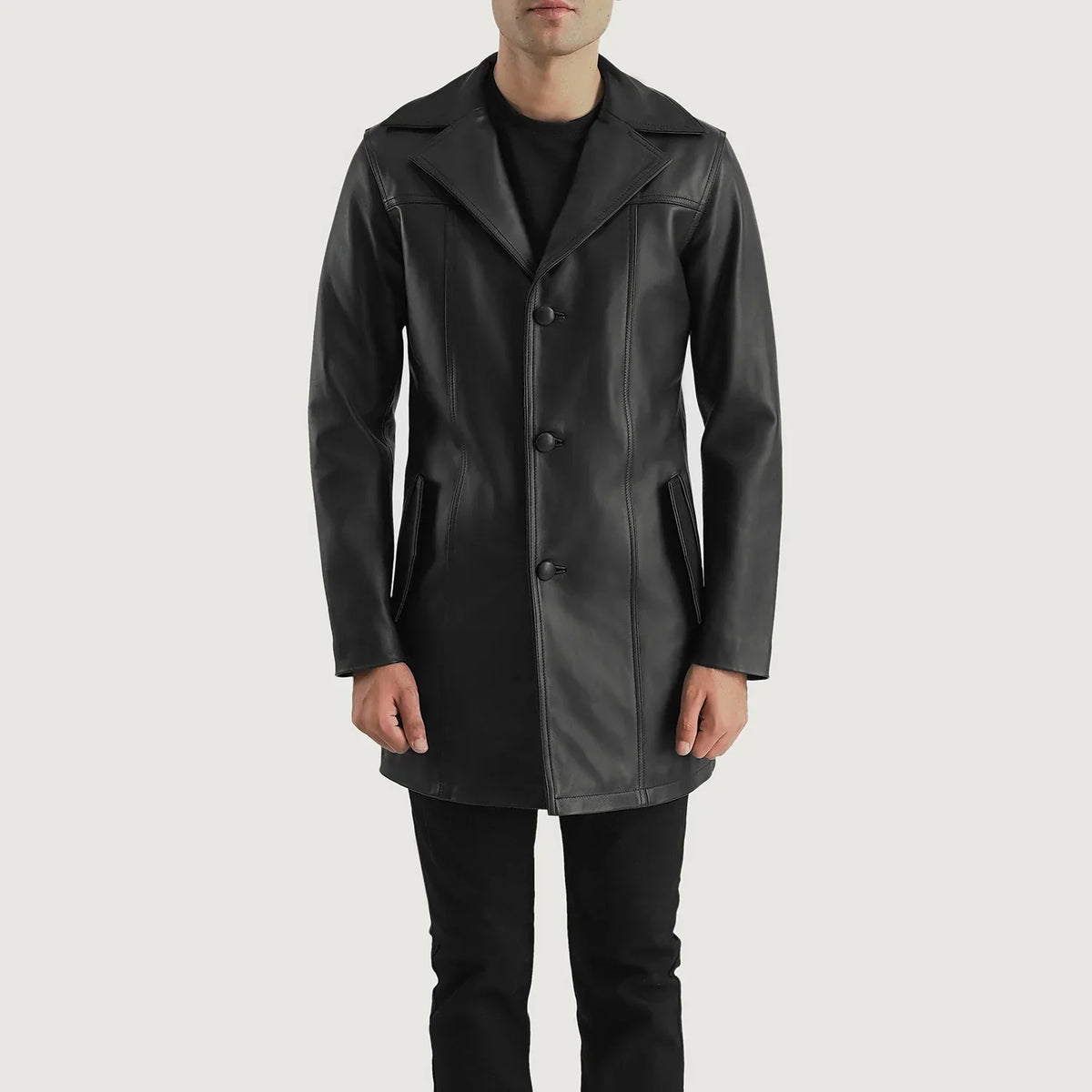 Dettaglio ravvicinato of Notch &amp; Button Hardware on Brawnton Nero Cappotto in Pelle da Uomo