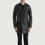Dettaglio ravvicinato of Notch &amp; Button Hardware on Brawnton Nero Cappotto in Pelle da Uomo