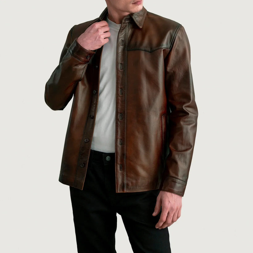Bronco Marrone Invecchiato Leather Shirt da Uomo