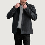Bronco Tumbled Nero Leather Shirt da Uomo in Tumbled Black Sheepskin Leather - Vista frontale e linea su misura | Acquista online