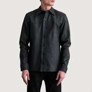 Bronco Tumbled Nero Leather Shirt da Uomo - Lateral Side Profile View Showing Sleeve Cut &amp; Athletic Taper Fit