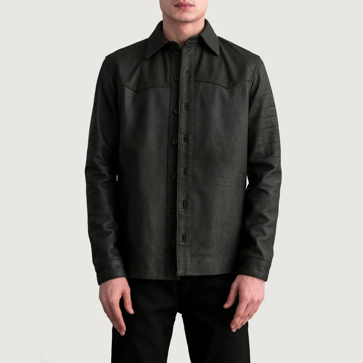 Bronco Tumbled Marrone Leather Shirt da Uomo in Tumbled Brown Sheepskin Leather - Vista frontale e linea su misura | Acquista online