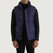 Bryan Blu Puffer Vest da Uomo in Blue Full-Grain Leather - Vista frontale e linea su misura | Acquista online