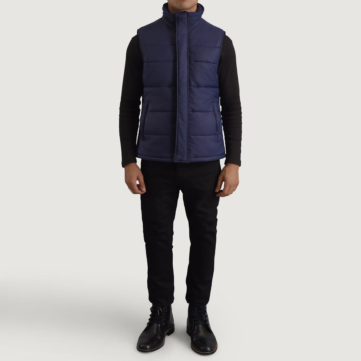 Bryan Blu Puffer Vest da Uomo - Lateral Side Profile View Showing Sleeve Cut &amp; Athletic Taper Fit