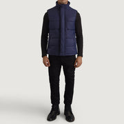 Bryan Blu Puffer Vest da Uomo - Lateral Side Profile View Showing Sleeve Cut &amp; Athletic Taper Fit