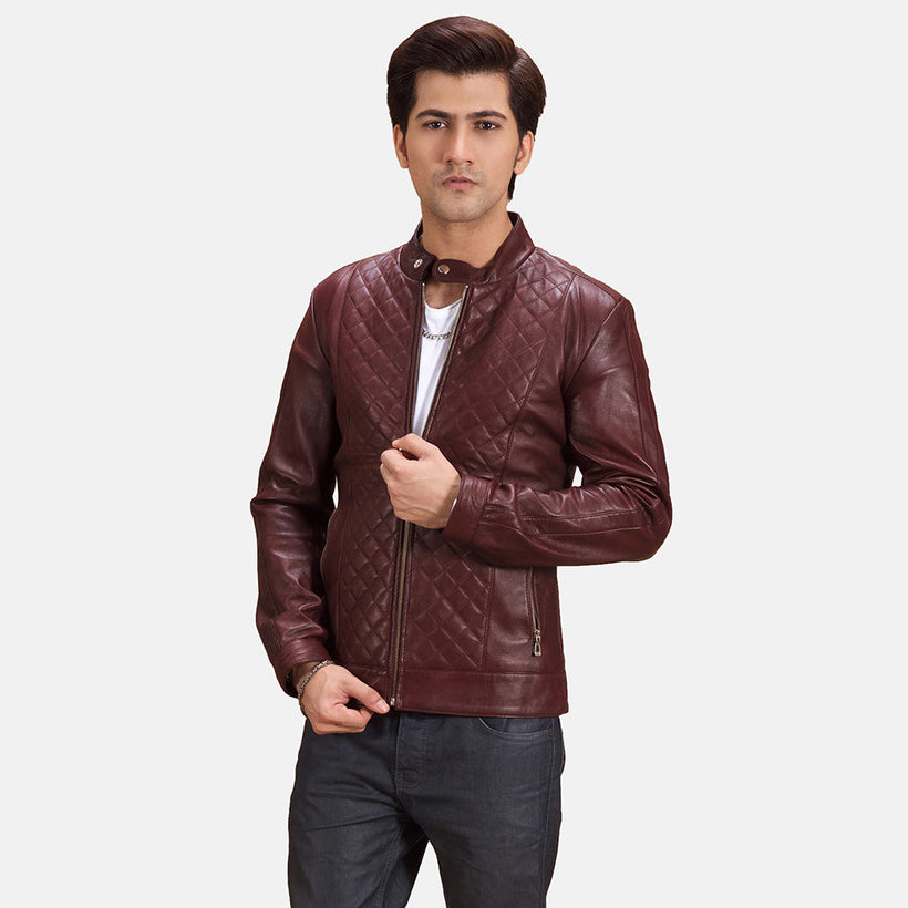 Burgunn Dee Bordeaux Giacca Biker in Pelle da Uomo