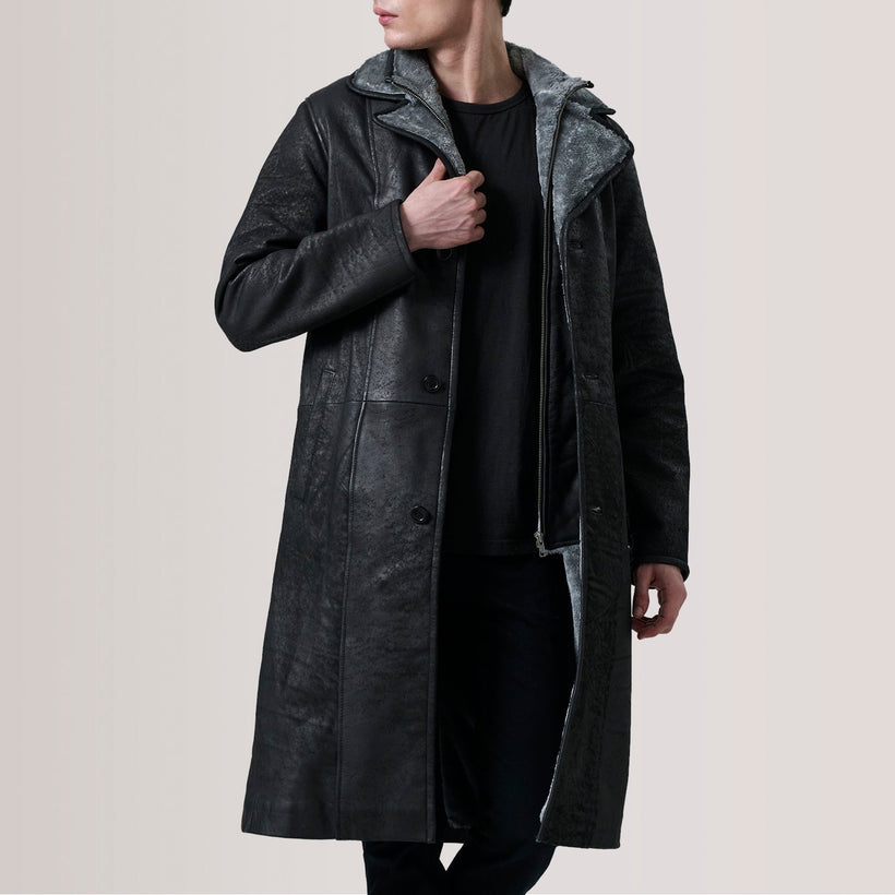 Cai Effetto Usurato Nero Leather Shearling Cappotto in Pelle da Uomo