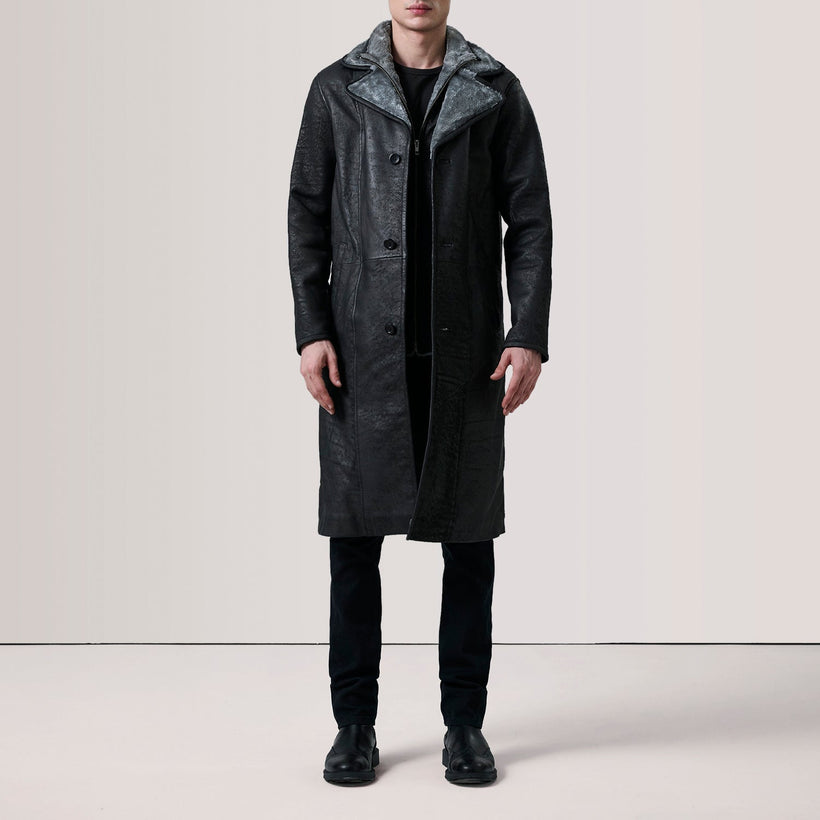 Cai Effetto Usurato Nero Leather Shearling Cappotto in Pelle da Uomo