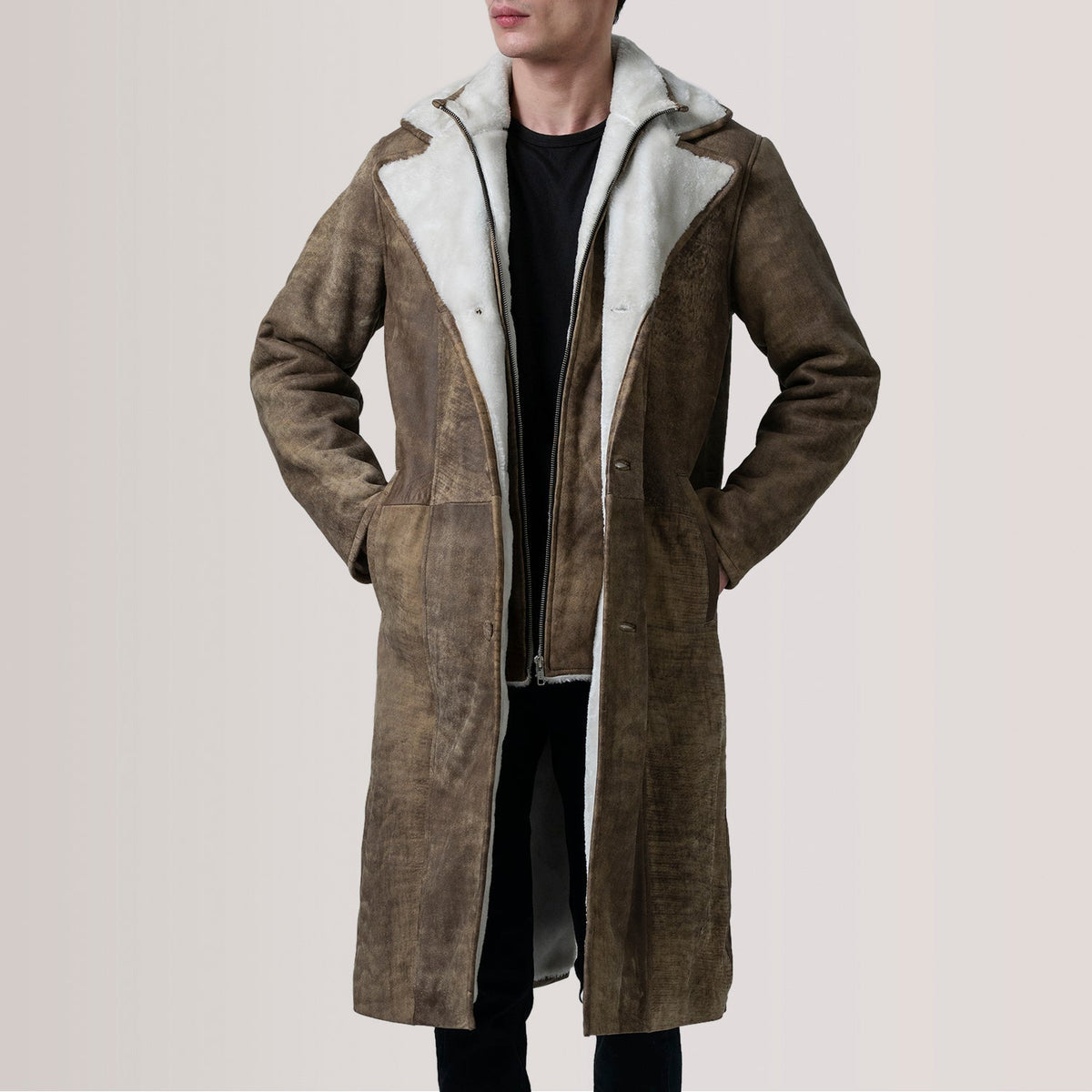 Cai Effetto Usurato Marrone Leather Shearling Cappotto in Pelle da Uomo For Men in Distressed Brown Sheepskin Snuffed - Vista frontale e linea su misura | Acquista online