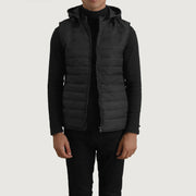 
Carlo Nero Gilet imbottito con cappuccio da Uomo in vera pelle bovina nera - Vista frontale e silhouette sartoriale | Acquista online