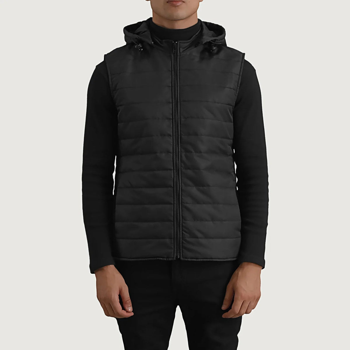 
Dettaglio ravvicinato of Classic Collar & Zipper Hardware on Carlo Nero Gilet imbottito con cappuccio da Uomo