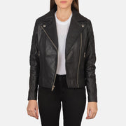 
Carolyn Quilted Black Biker Jacket in Black Goatskin Leather - Vista frontale e silhouette sartoriale | Acquista online