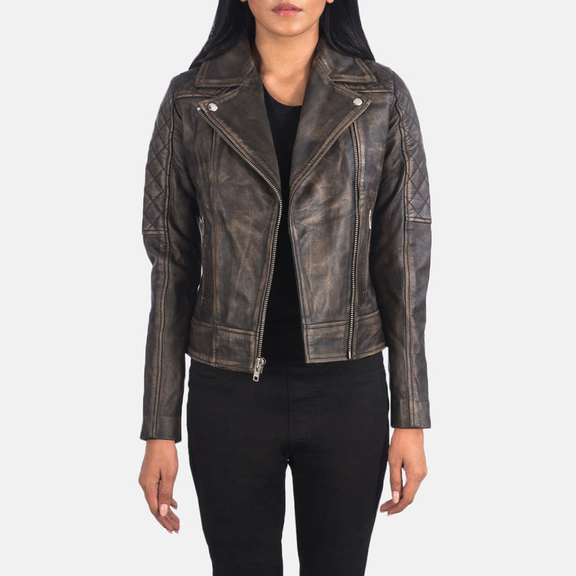 Carolyn Trapuntato Effetto Usurato Marrone Giacca Biker in Pelle da Donna