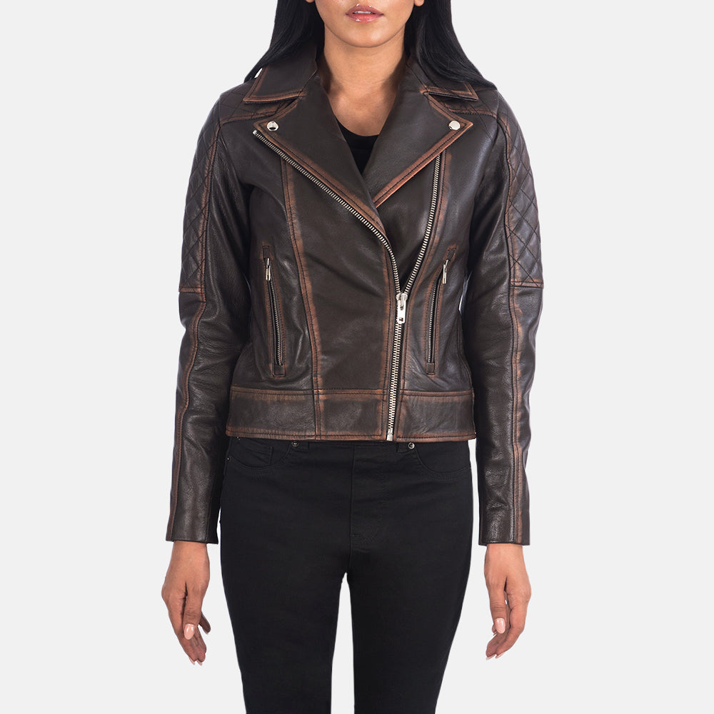 
Carolyn Quilted Vintage Brown Biker Jacket in Vintage Brown Goatskin Leather - Vista frontale e silhouette sartoriale | Acquista online
