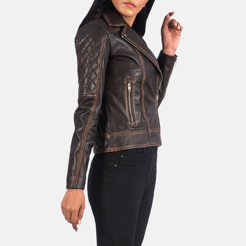 Carolyn Trapuntato Vintage Marrone Giacca Biker in Pelle da Donna