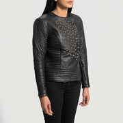 Black Sheepskin Leather Biker Jacket - Vista posteriore Showing Tailored Shoulder Fit &amp; Clean Hemline