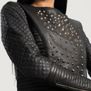 Women's Celeste Studded Nero Giacca in Pelle da Donna - Lateral Side Profile View Showing Sleeve Cut &amp; Athletic Taper Fit