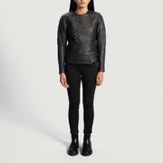 Dettaglio ravvicinato of Classic Collar &amp; Snap Button Hardware on Women's Celeste Studded Nero Giacca in Pelle da Donna