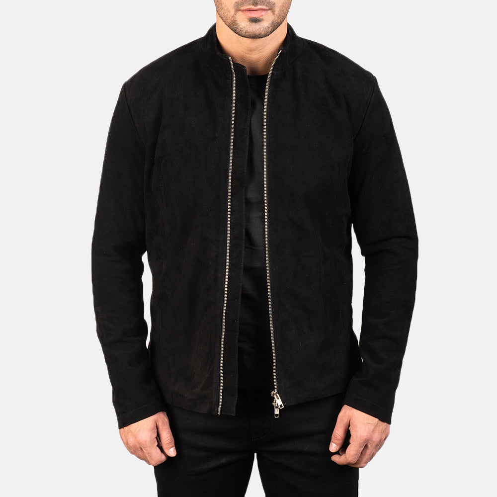 Men's Charcoal Nero Suede Giacca Biker in Pelle da Uomo in Black Goatskin Suede - Vista frontale e linea su misura | Acquista online