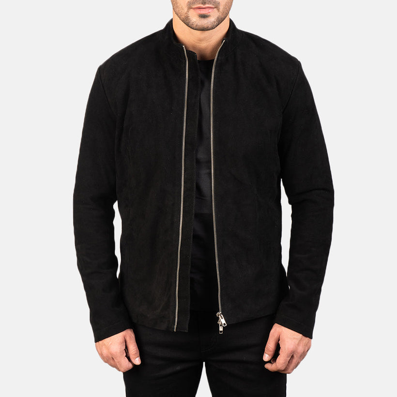 Charcoal Nero Suede Giacca Biker in Pelle da Uomo