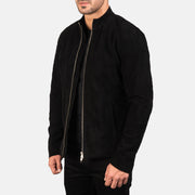 Black Goatskin Suede Biker Jacket - Vista posteriore Showing Tailored Shoulder Fit &amp; Clean Hemline