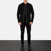 Men's Charcoal Nero Suede Giacca Biker in Pelle da Uomo - Lateral Side Profile View Showing Sleeve Cut &amp; Athletic Taper Fit
