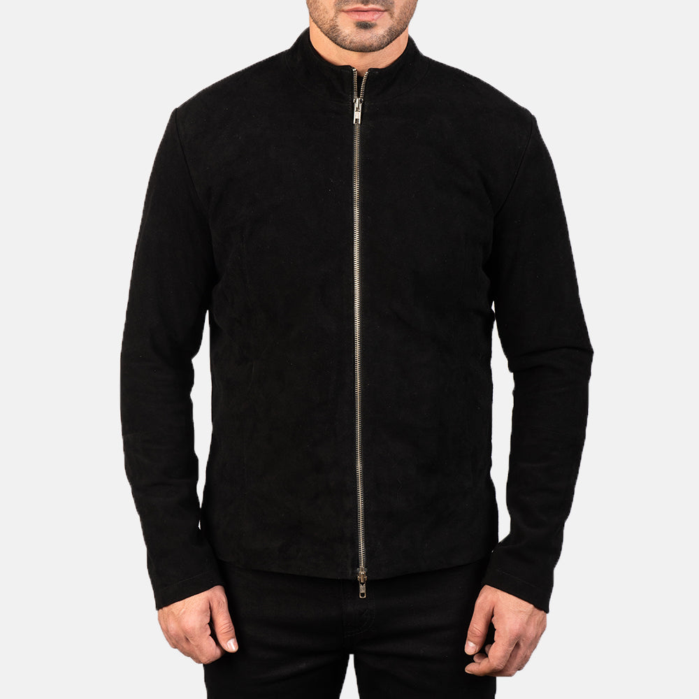 Dettaglio ravvicinato of Mandarin &amp; Zipper with Dual Puller Hardware on Men's Charcoal Nero Suede Giacca Biker in Pelle da Uomo