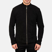 Dettaglio ravvicinato of Mandarin &amp; Zipper with Dual Puller Hardware on Men's Charcoal Nero Suede Giacca Biker in Pelle da Uomo