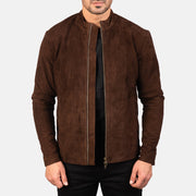 Men's Charcoal Mocha Suede Giacca Biker in Pelle da Uomo in Dark Brown Goatskin Suede - Vista frontale e linea su misura | Acquista online