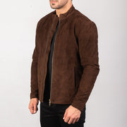 Dark Brown Goatskin Suede Biker Jacket - Vista posteriore Showing Tailored Shoulder Fit &amp; Clean Hemline