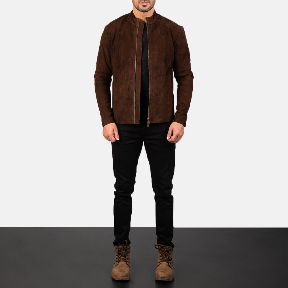 Men's Charcoal Mocha Suede Giacca Biker in Pelle da Uomo - Lateral Side Profile View Showing Sleeve Cut &amp; Athletic Taper Fit
